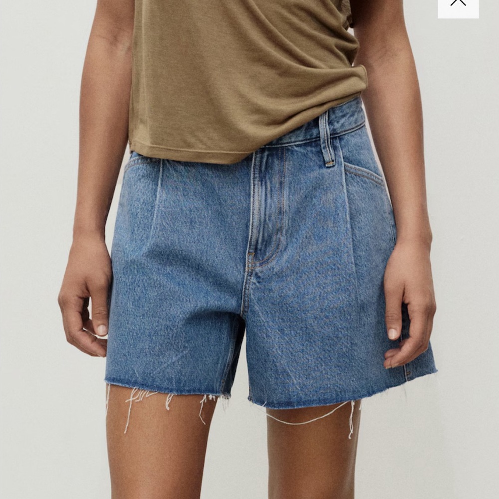 Mango Denim Shorts with Frayed Hem & Pleats
